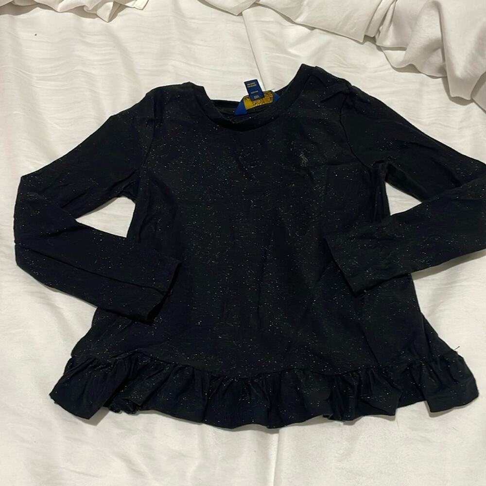 Ralph Lauren 5 black glitter long sleeve t with ruffled peplum like hemline euc